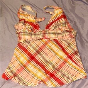 XX vintage Summery Plaid Ruffle-Trim Halter  Top in Red, Yellow & peach size M